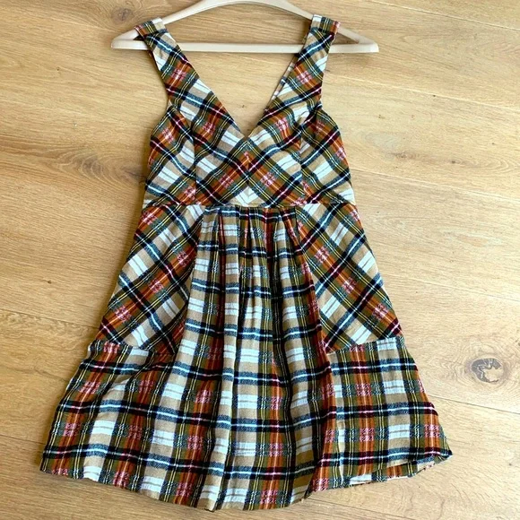 plaid pleated pinafore dress Acorn Plaid Midi Pinafore Dress (Brown)